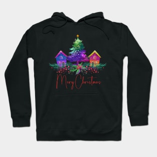 Vintage Christmas Village - Vibrant Colored Gingerbread Homes - Christmas Tree - Retro Christmas Scene Hoodie